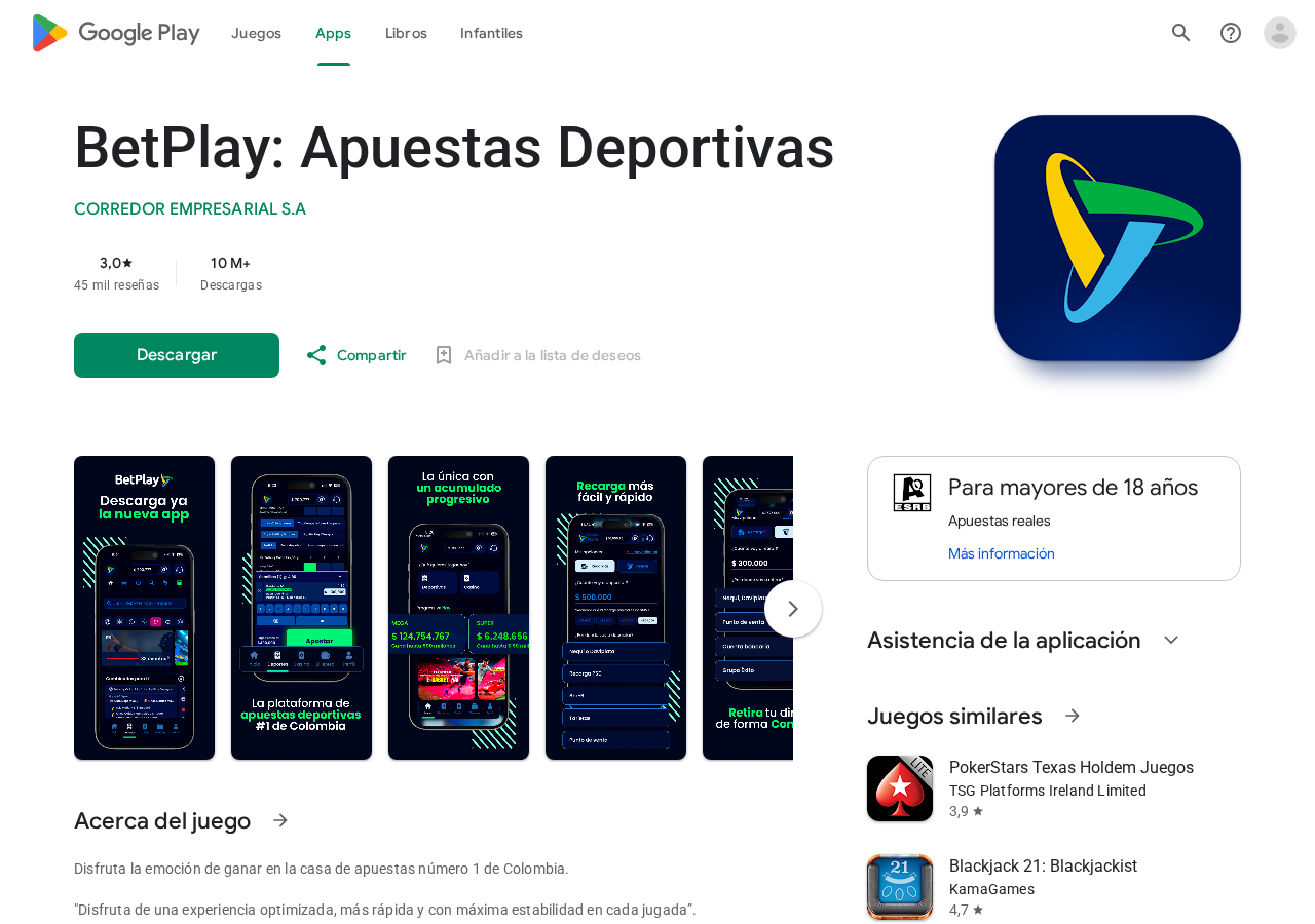 Ficha de BetPlay Apuestas Deportivas publicada en Google Play Colombia